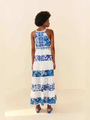 Farm Rio 100% cotton white blue tired maxi dress size xl thumbnail 3