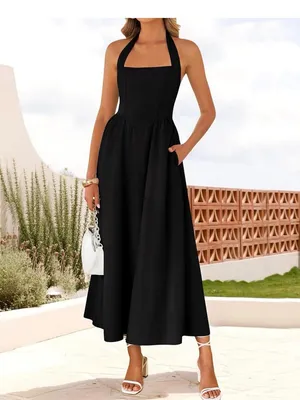 ZESICA Women's Summer Sleeveless Halter Midi Black Dress Size Large thumbnail 3