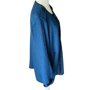 Chicos Boiled Wool Jacket Womens Sz‎ 2 L Blue Faux Leather Trim Zip Front Blazer thumbnail 2