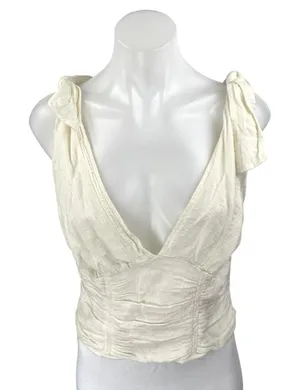 Free People Cream White Sleeveless V-neck Tie Shoulder Smocked Crop Tank Top M thumbnail 1