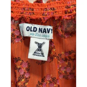 Old Navy Blouse Size‎ XS Orange/Purple Floral Tie/Smocked Neck 1/2 Puff Sl Sheer thumbnail 4