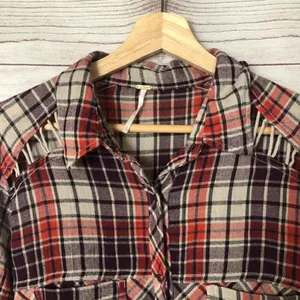 Free People Plaid Lace Gauzy Flannel Snap Button S‎ thumbnail 6