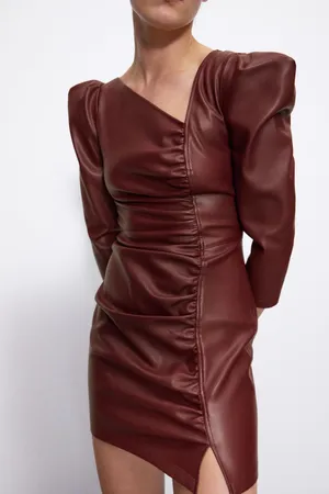 ZARA NWT Faux Leather Maroon Asymmetric Mini Dress thumbnail 1