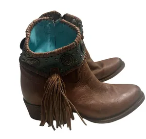 Corral Emma Ankle Boots Western Women's Size 7.5 Brown Turquoise Fringe Leather thumbnail 1