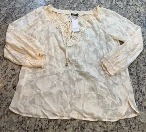 Charming Lace-Trim Sheer Peasant Blouse - Cream with Gold Thread Accents thumbnail 1