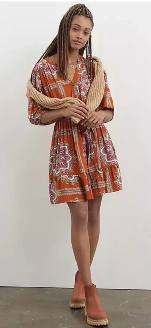 Porridge by Anthropologie Orange Rust Isabel Paisley Boho Mini Dress - XS thumbnail 1