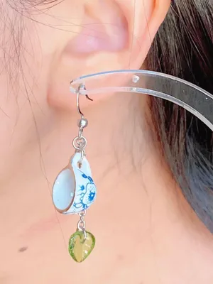 Handmade porcelain tea cup & Czech glass leaf unique fun fairy antique style dangle earrings🫖🍃🌀 thumbnail 4
