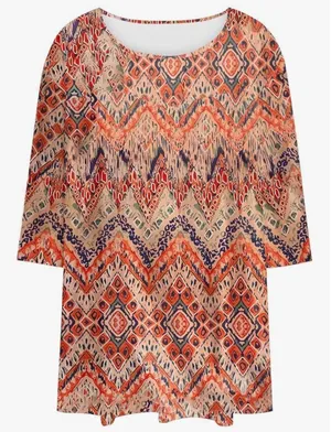 Womens Orange Ikat Geometric Print Tunic‎ Top 3/4 Sleeve Scoop Neck Boho Medium thumbnail 1
