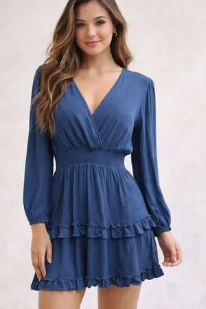 Altar’d State Blue‎ Mini Dress Medium Smocked Waist V-Neck Ruffle Tiered Boho thumbnail 1