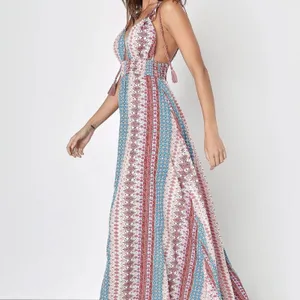Lulus Boho Geometric Print Tassel Tie-Strap Smocked Maxi Dress Multicolor Medium thumbnail 3