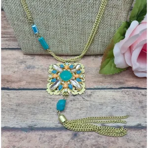 Gold Tone Multi Chain Long Pendant Necklace Tassel Accent Rhinestones 32" thumbnail 5