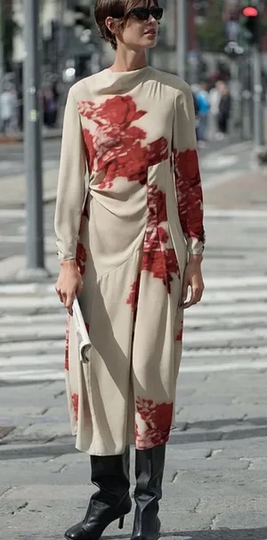 Zara Beige Midi Dress with Red Floral Motif thumbnail 1