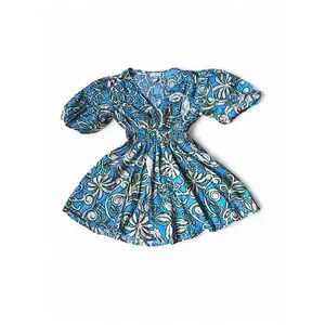 Tropical Floral Puff Sleeve Mini Dress Coastal Resort Cotton Blue Green Small thumbnail 5
