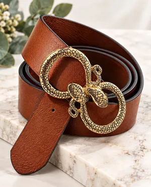 Express Brown Faux Leather Snake Buckle Belt Gold Snake Head Size Small thumbnail 1