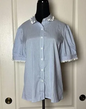 Dainty Blue Pinstripe Lace Trim Button Up Collared Blouse thumbnail 1