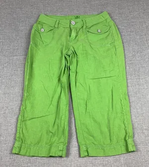 WORN Linen Blend Capri Pants Womens 4 Green Twill Cuffed Pockets Lightweight thumbnail 1