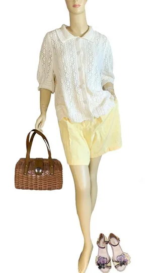 Lands' End Pointelle Knit Cotton Blend White Puffed Sleeve Cardigan (Xl) thumbnail 1