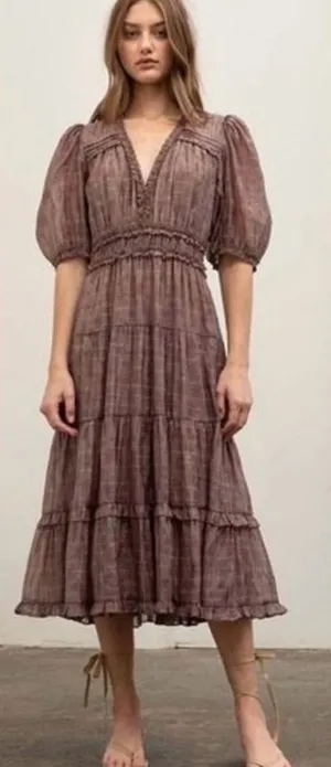by the RiverTiered Puff-Sleeve Midi Dress in Warm Brown size S thumbnail 1