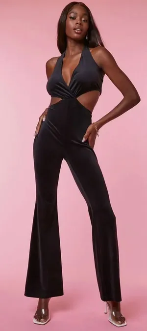 Juicy Couture‎ Jumpsuit Size M Black Velour Cutout Rhinestone Logo Flare Leg Y2K thumbnail 1