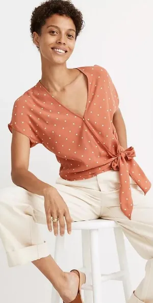 Madewell Wrap Tie Blouse Pink White Polka Dot V-Neck Short Sleeve Size M thumbnail 1