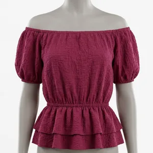 Free People Magenta Pink Off‎ The Shoulder Peplum Blouse Smocked Textured Top M thumbnail 1
