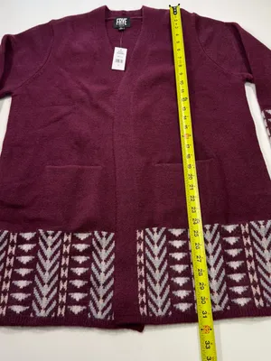 Frye Burgundy Open-Front Cardigan with Cream Geometric Trim Size XL thumbnail 3