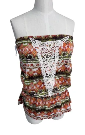 Weavers Boho Crochet Trim Printed Peplum Tube Top Rust‎ Olive Size XL New thumbnail 1
