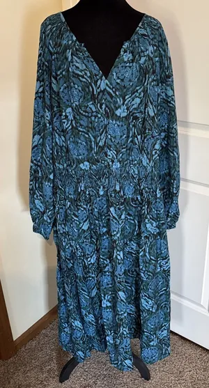 Lane Bryant Dress Womens 24‎ Blue Green Smocked shoulder Long Sleeve Midi dress thumbnail 1