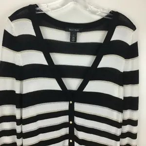 White House Black Market Cardigan Women Medium Black White Striped Metallic‎ thumbnail 2