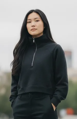 All in Motion Women’s XS Black Quarter Zip Cropped Mock Neck Pullover NWOT Flaw thumbnail 1
