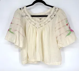 Free People Bohemia Embroidered Peasant Top XS Cream Boho Puff Sleeve thumbnail 1