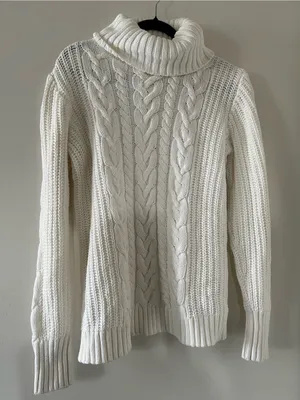 Gap White 100% Cotton Cable Knit Turtleneck Chunky Sweater Medium Fisherman thumbnail 1