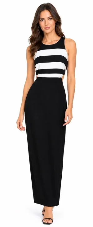 Lauren Ralph Lauren Black White Stripe Cut-Out wedding guest Maxi Dress Size 14 thumbnail 1