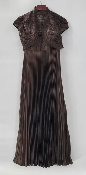 Badgley Mischka Evening Gown Dress Size 8 Brown Pleated Empire Waist Lace Bodice thumbnail 1