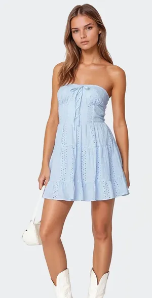 Edikted Liora Lacey Cotton Mini Dress in Light Blue thumbnail 1
