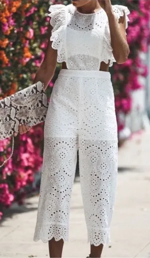 Blue Blush Eyelet Jumpsuit Cropped 100% Cotton Women S White Whimsical Girly Fun thumbnail 1