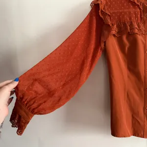 SCARLET DARKNESS Burnt Orange Victorian Style Lace Yoke Lace up Blouse Medium thumbnail 4