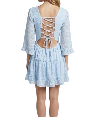 Miss Selfridge ASOS Light Blue Lace Mini Dress Lace Up Back Tiered 6 S thumbnail 2
