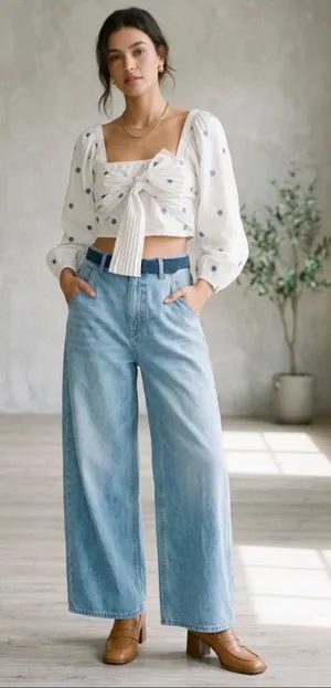 FARM Rio White Puff-Sleeve Crop Top with Blue flowers Print. thumbnail 1