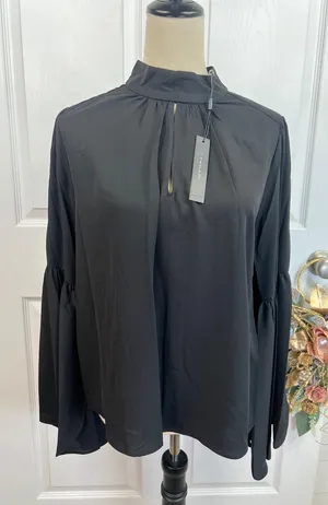T Tahari Blouse Womens Size S Black Mock Neck Keyhole Large Bell Sleeve Chic thumbnail 3