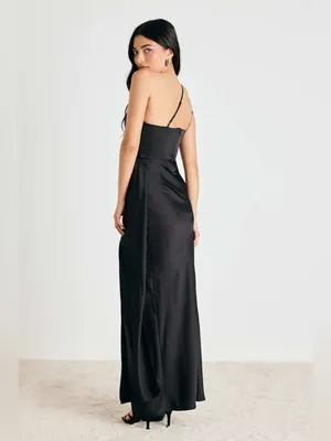 Lulus Signature Elegance Black Satin One-Shoulder Maxi Dress Size Large NWT thumbnail 3