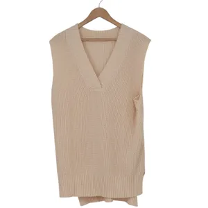 Cream V-Neck Ribbed Knit Oversized Sweater Vest Sleeveless Pullover Medium thumbnail 2
