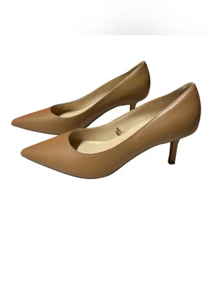 Marc Fisher light brown matte leather pointed toe slender kitten heel pumps thumbnail 3