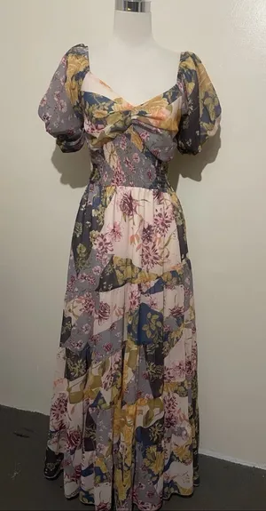Floral Puff-Sleeve Maxi patchwork style Dress in Multi-Color thumbnail 1