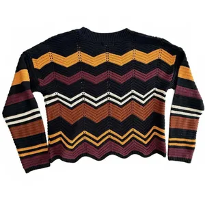 Vintage Boho Chevron Zig Zag Knit Sweater Multi-Color Earth Tones L Retro Cozy thumbnail 2