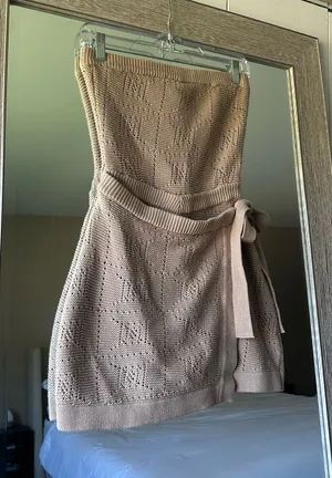 SABO Beige Strapless Knit Tie Mini Sweater Dress 100% Cotton Size XS thumbnail 1