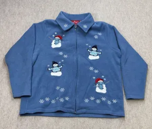 Snowman Winter Christmas Fleece Jacket Womens 1X Blue Grandmacore Holiday Lodge thumbnail 1