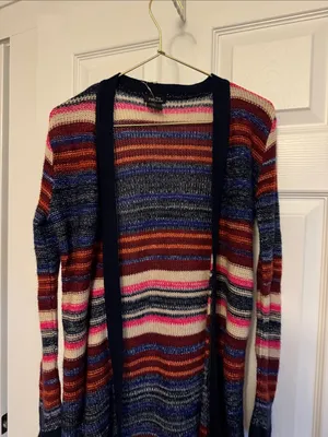 Rue21 Striped Multicolor Open Cardigan with Navy Trim thumbnail 4