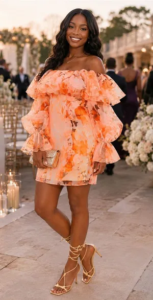 ASOS LUXE Organza Ruffle Floral Mini Dress Orange Off-Shoulder Sz. 4 NWOT thumbnail 1
