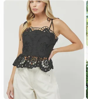 Boutique The Swank company black eyelet peplum tie tank top thumbnail 1